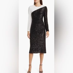 Anne Klein Black and White Sequin Long Sleeve Sheath Dress